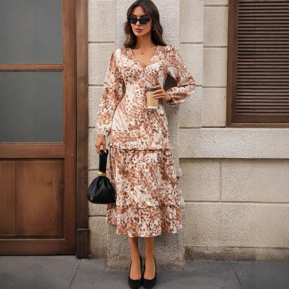 Fall French Chic Long Sleeve Printed Dress with Collar Slit